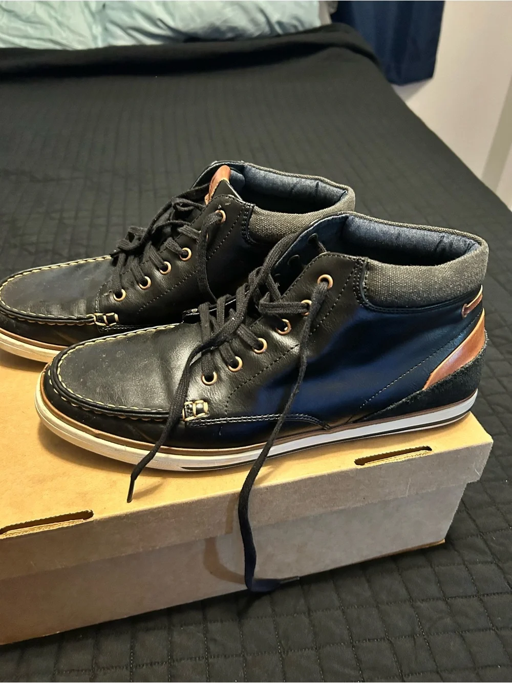 Aldo Black Leather Chukka Boots with Brown Heel Accent